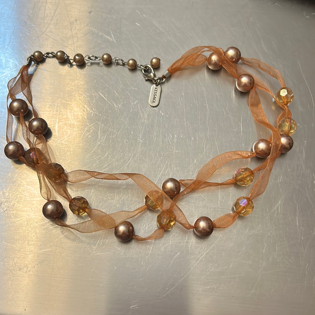 Signed Kissaka Ribbon And Faux Pearl Bead Necklace